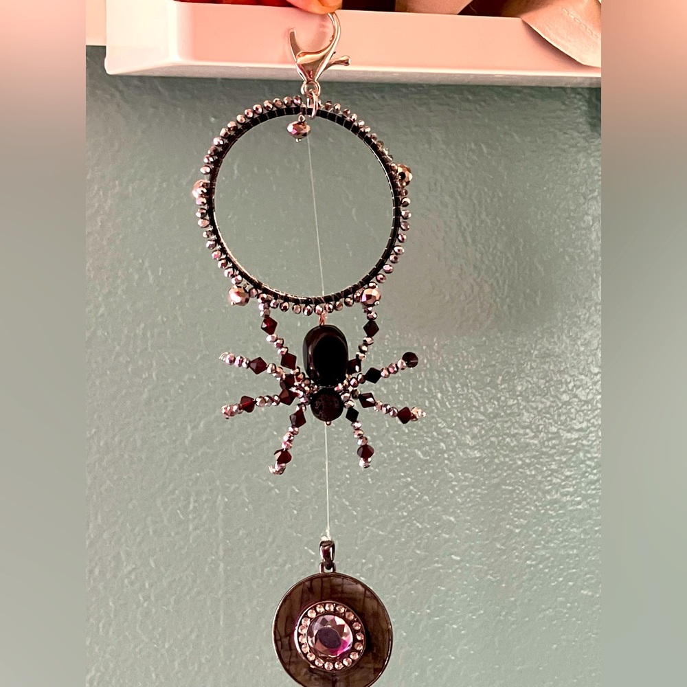 “Midnight Spinner" Spider Kinetic Art Sculpture, Artisan made w/Vintage Beads